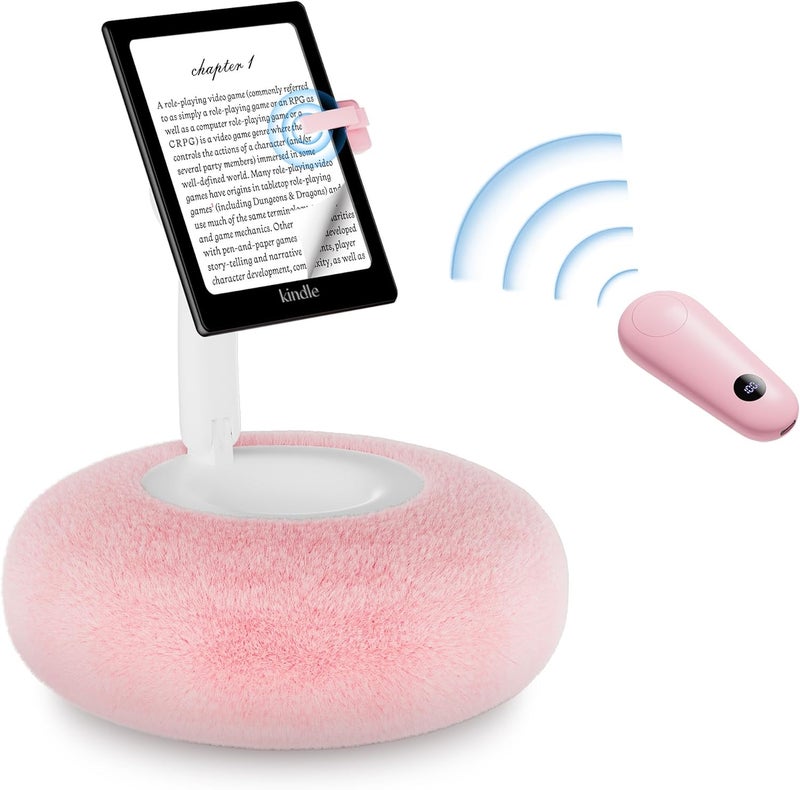 VOLTIFYMAX Magnetic Kindle Holder with Page Turner, Cozy Pillow Kindle Stand for Reading, 360° Adjustable Phone Holder for Bed, Small Bowl for Tablet Stand with Stable Suction Base (Pink) - Image 1